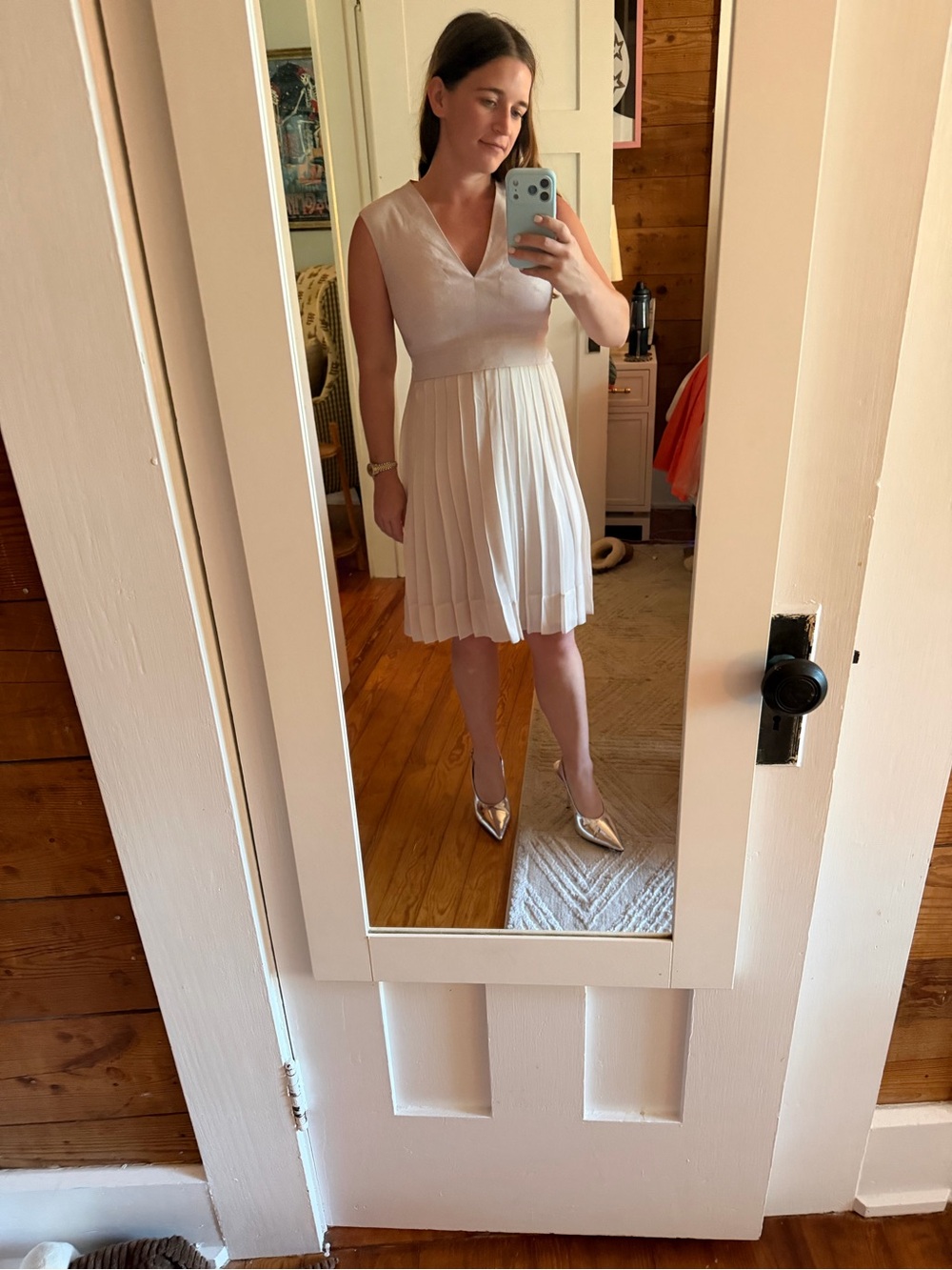 Rebecca Taylor Cream Pleated V-Neck Mini Dress